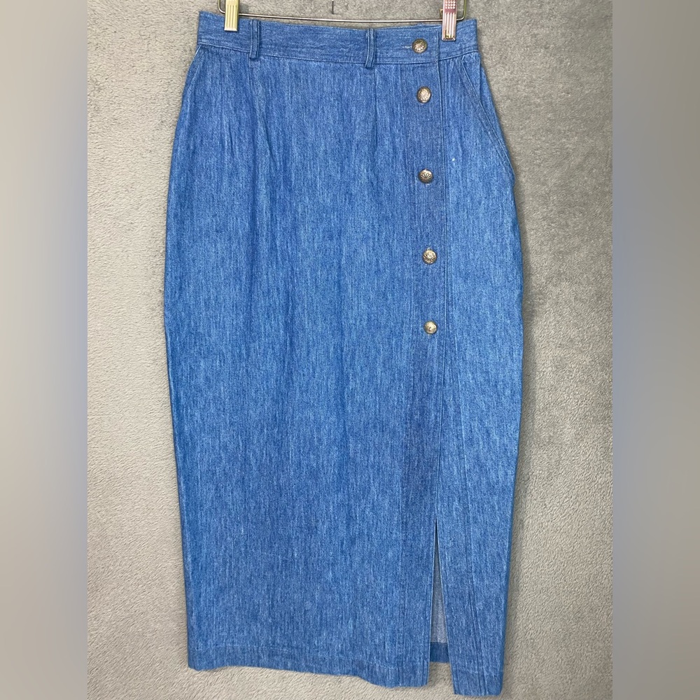 VTG 90s Ropa Denim Maxi Skirt Women’s Sz 4 Front Slit Silver Tone Buttons USA